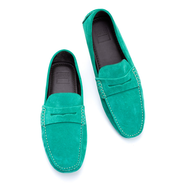 green suede loafer
