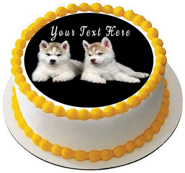 Personalised Siberian Husky Dogs Round Edible Icing Birthday Party Cake Topper