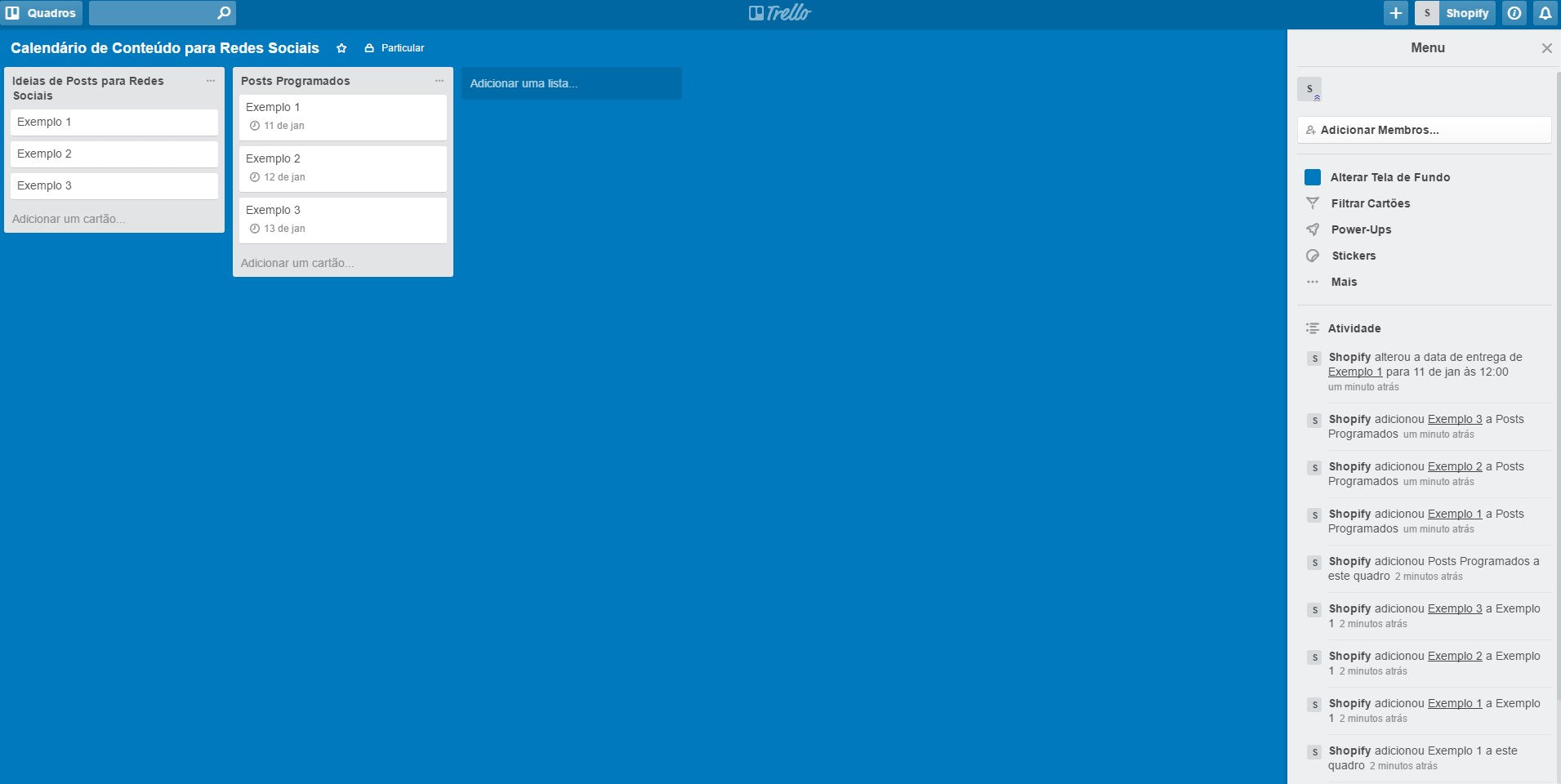 Calendário editorial no Trello