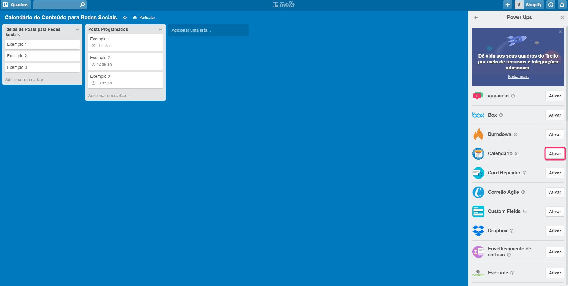 Calendário editorial no Trello