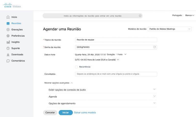 Interface Cisco Webex Meetings para videochamada