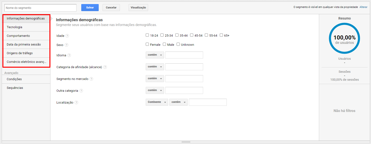 Como usar Google Analytics: captura de tela dos segmentos simples