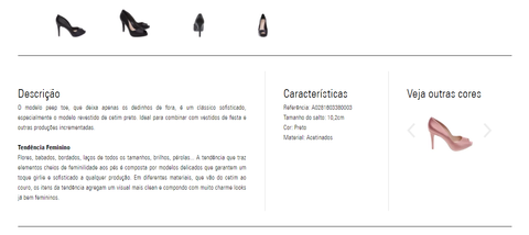 Página de produto: Descrição de Sandálias e sapatos da Arezzo