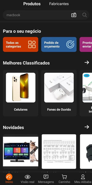 Página Produtos do AliBaba em destaque, mostrando como comprar no AliBaba.