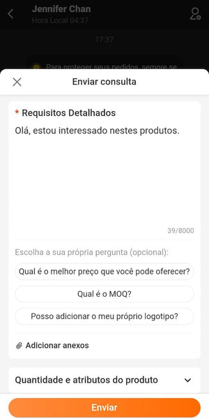 Chat de consulta com fornecedor, mostrando como comprar no AliBaba