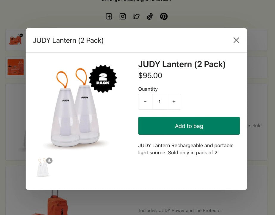 Link na bio da marca Judy com página de compra de produto integrada