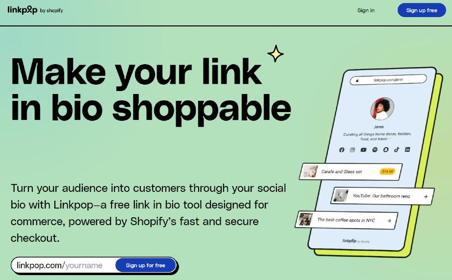 Site do Linkpop, agregador de link na bio da Shopify