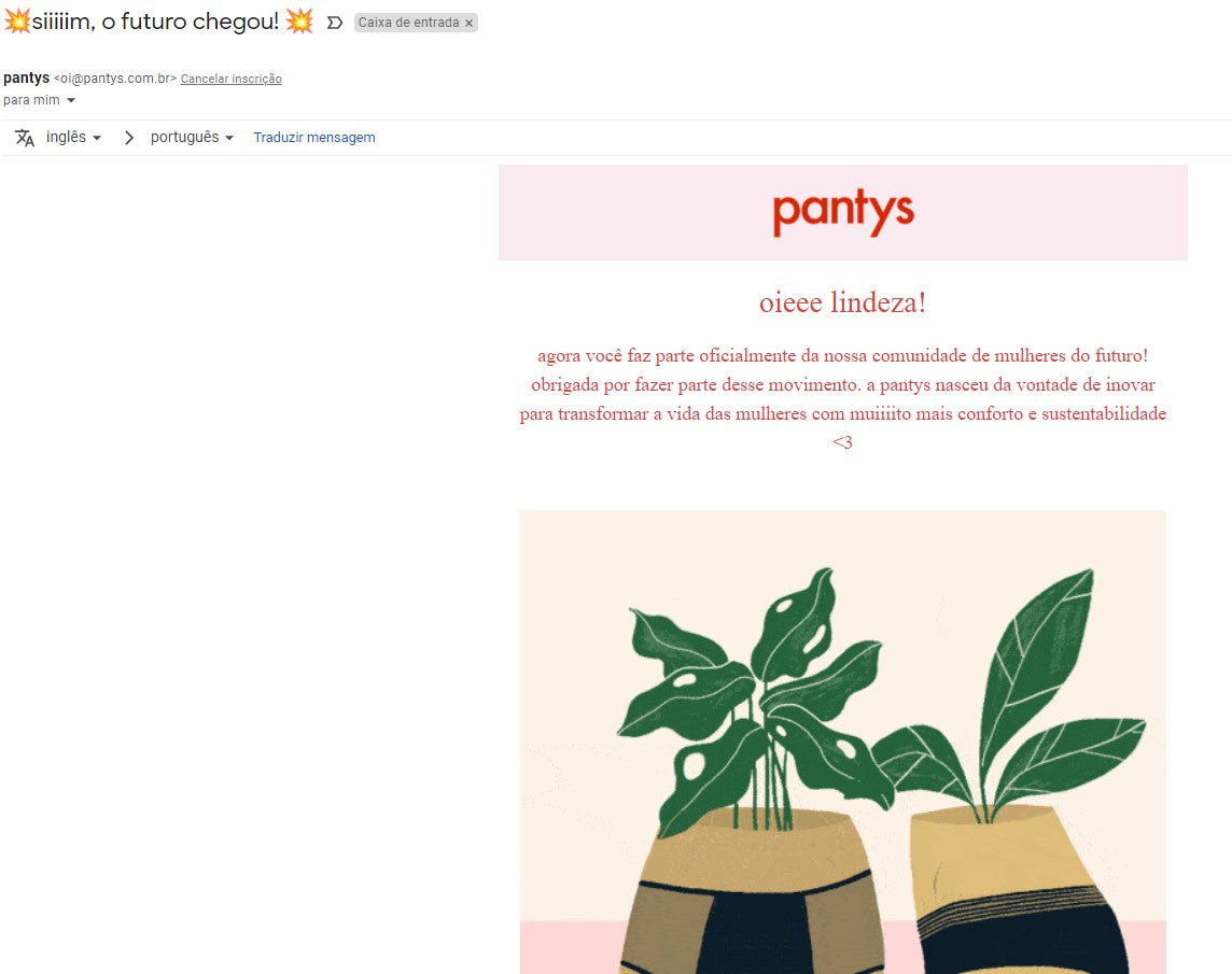 Mensagem de saudação para clientes: e-mail da Pantys 1