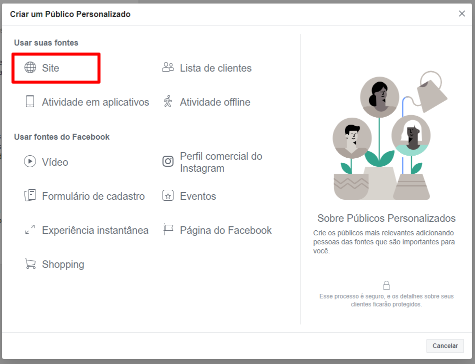 Público personalizado facebook: etapa para criar pixel