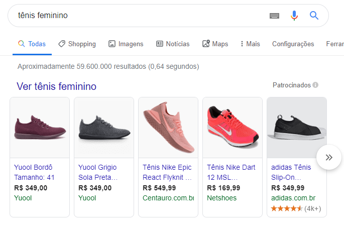 busca genérica no Google Shopping exemplo tênis feminino
