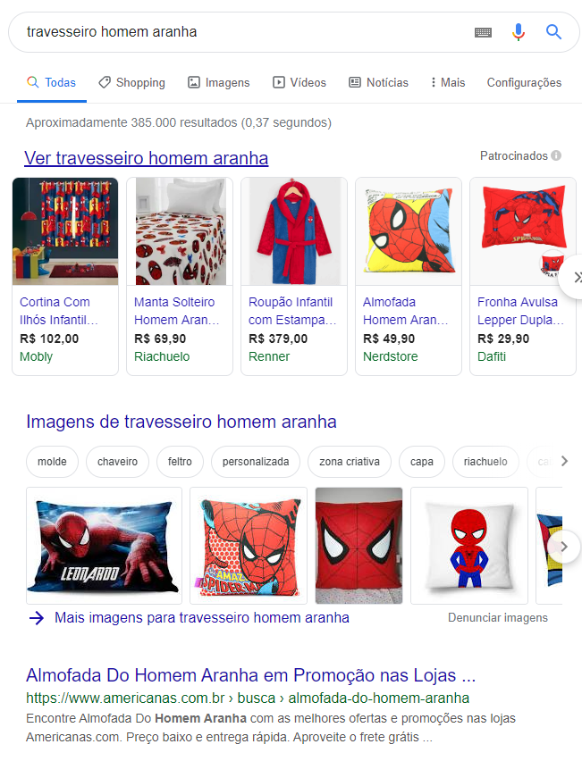 busca por nicho exemplo travesseiro homem aranha busca