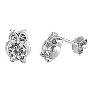 CZ Center Owl Stud Earrings