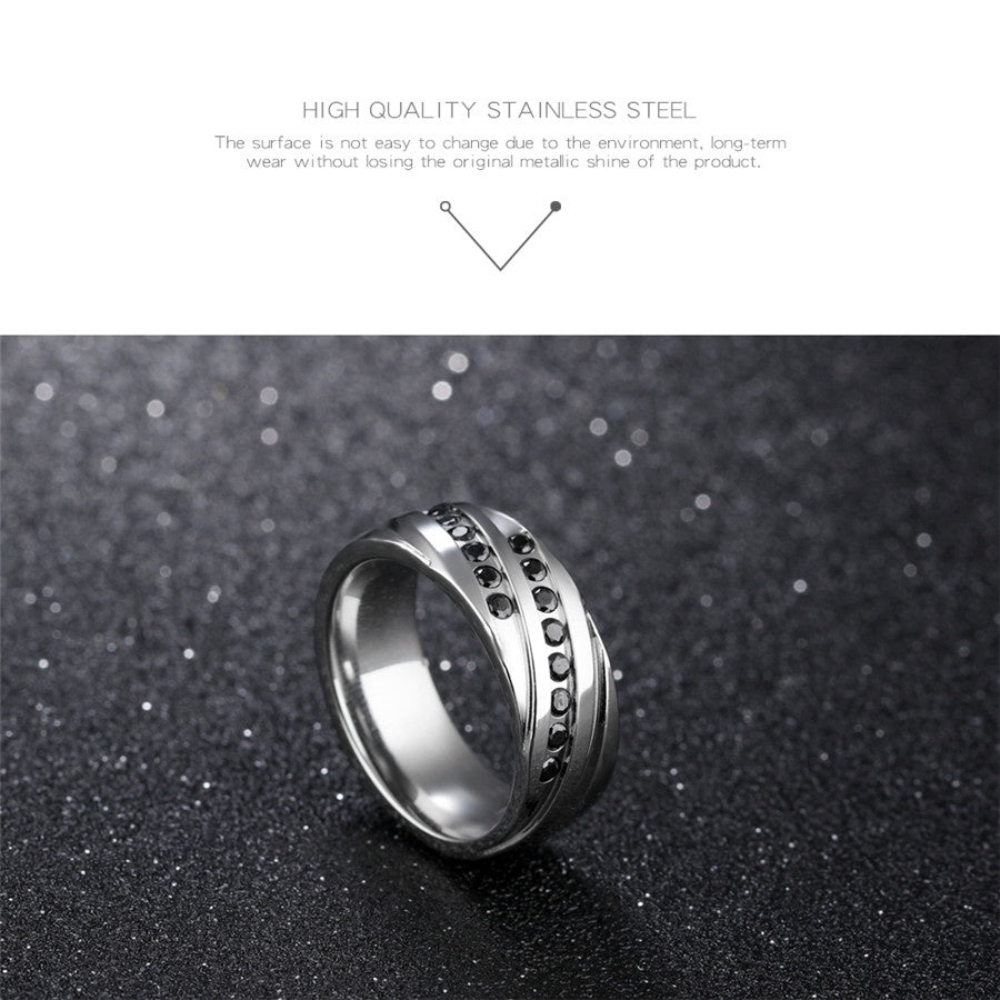 Stainless Steel Swirl with Black CZ Ring