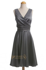 A-line V-neck Grey Satin Short Bridesmaid Dresses AM268