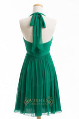 A-line Halter Top Green Chiffon Short Bridesmaid Dresses AM361