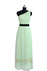 A-line One-shoulder Mint Bridesmaid Dress With Sash AM462