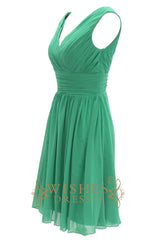 Green Knee Length Chiffon Bridesmaid Dress With V Neckline Style Am001