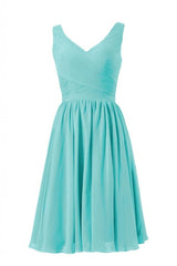 A-line V-neck Blue Chiffon Knee Length Bridesmaid Dresses Am232