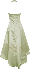 Pleated Bodice Sage Halter Top High Low Bridesmaid Dress With Chiffon Layer Gown Am27