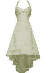 Pleated Bodice Sage Halter Top High Low Bridesmaid Dress With Chiffon Layer Gown Am27