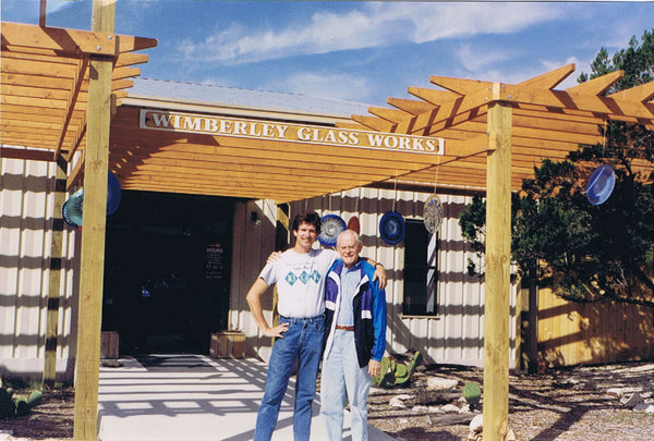 Picture of Tim DeJong and his father shortly after the opening of Wimberley Glassworks in 1992