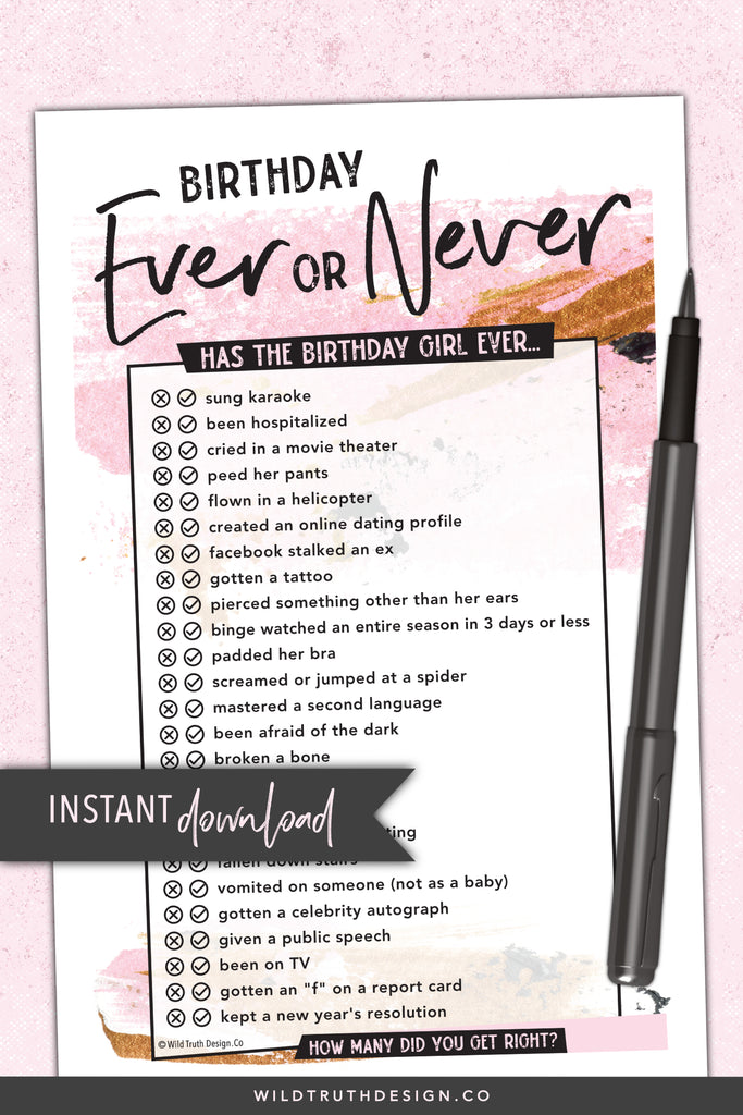 Never Has She Ever... Birthday Game For Women (Printable