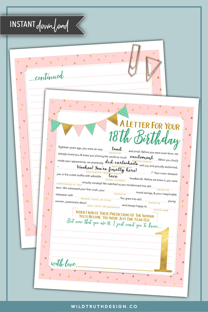 Girl S First Birthday Time Capsule Letter Printable Mad Lib Download Wild Truth Design Co
