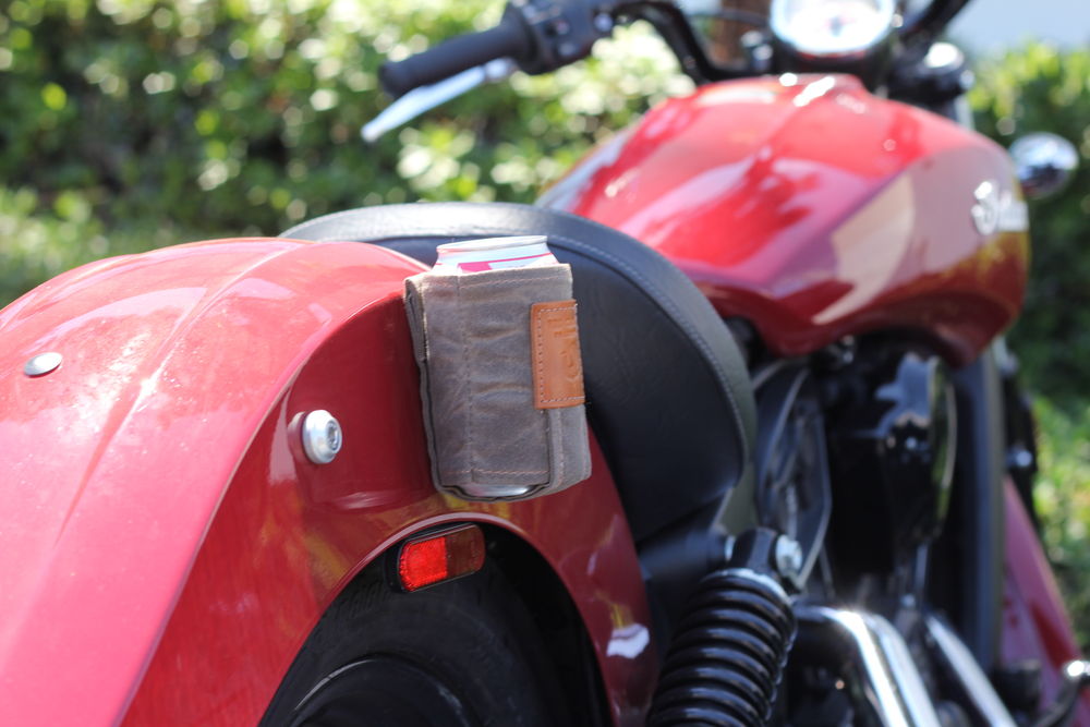 Red Clouds Collevtive Waxed canvas Magnetic Koozie review on Motorcycle Cruiser. Shown here stuck to an Indian motorcycles Scout 