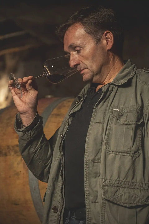 붉은 와인을 검사하는 남자.