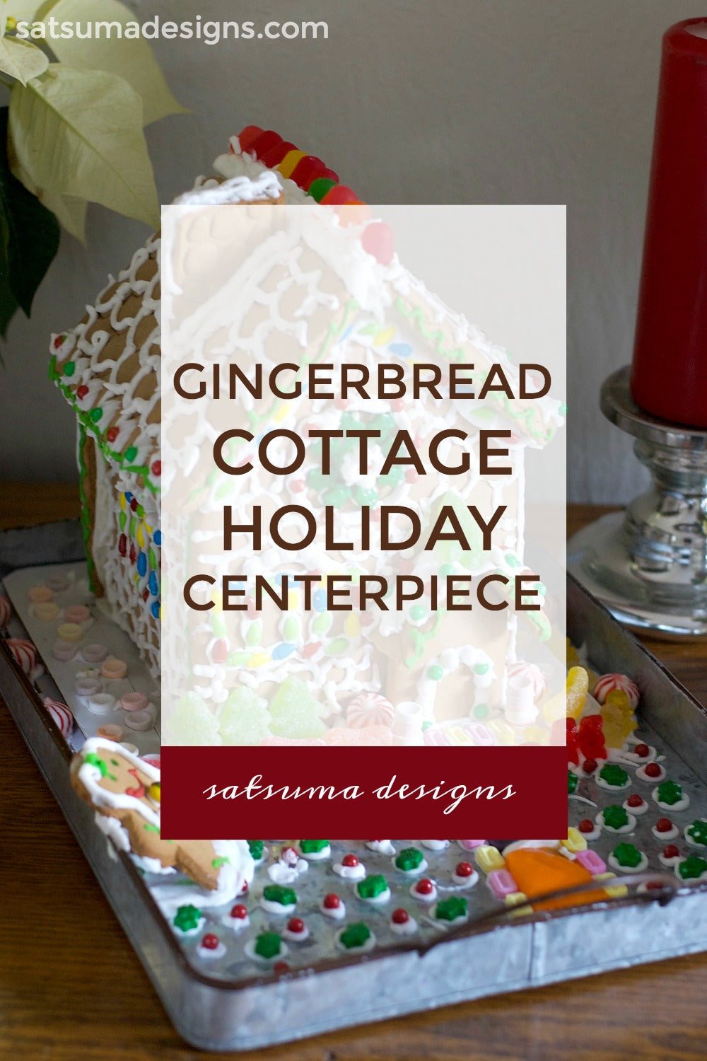 Make a sweet focal point with my gingerbread cottage holiday centerpiece to enjoy all season. Store bought gingerbread house is set in a metal tray for a vintage look that's easy to move around! #gingerbread #gingerbreadhouse #gingerbreadcottage #holiday #centerpiece #Christmas #familydinner