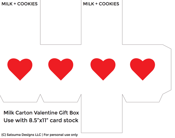 Milk and cookies valentine gift carton | Printables | PDF file | SatsumaDesigns.com #valentine