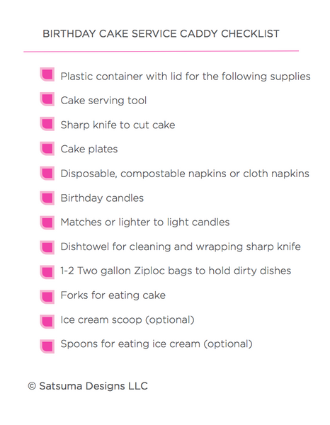 Make every party eco-chic with my birthday cake service caddy. Take every party on the road with this easy to use checklist printable to limit waste at parties. #birthdayparty #birthday #sustainable #ecofriendly #greenbirthday #nowaste #nowastebirthday #partyplanner #eventplanner #satsumadesigns