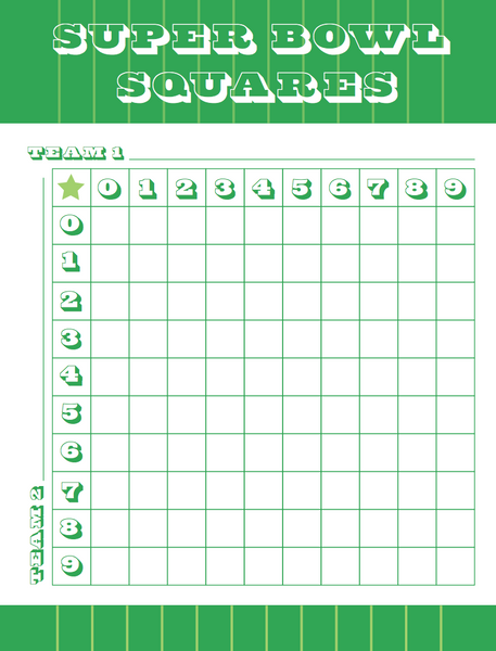 Super bowl squares game printable for your super bowl party. This post has printables for Super Bowl 54 and generic version for any super bowl in the future. Enjoy! #football #footballsquares #printable #superbowl #superbowl54 #gameday #satsumadesigns