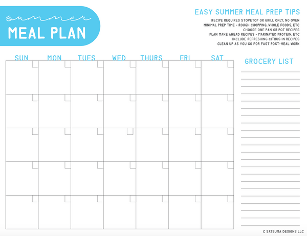 Summer meal planning printable to spend less time in the kitchen and more time with family having fun this summer! Quick meal plan printable has summer meal tips, grocery list and more. #summer #mealplanning #mealprep #fastmeals #summermeals #organize #printables