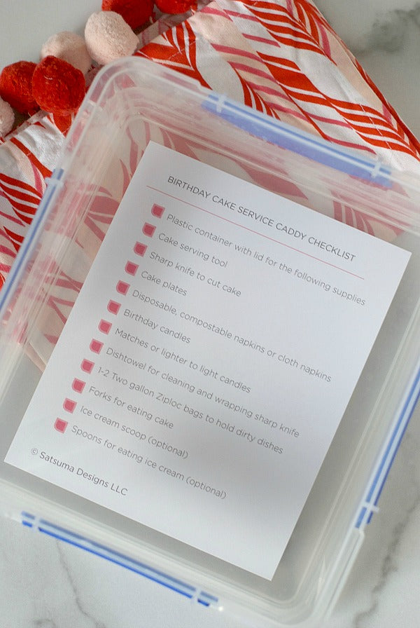 Make every party eco-chic with my birthday cake service caddy. Take every party on the road with this easy to use checklist printable to limit waste at parties. #birthdayparty #birthday #sustainable #ecofriendly #greenbirthday #nowaste #nowastebirthday #partyplanner #eventplanner #satsumadesigns