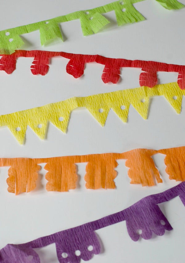 Click through to make DIY papel picado garlands for Cinco De Mayo parties and any fiesta | Easy to make papel picado flags | SatsumaDesigns.com #party #cincodemayo