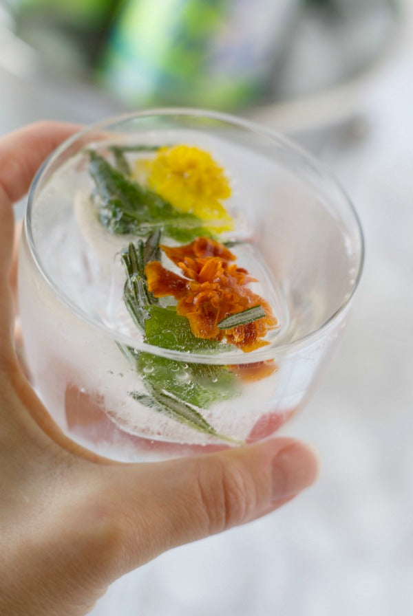Click through to make my garden in a glass edible flower, rosemary and mint ice cubes | Easy entertaining tricks | These floral ice cubes are easy to make and so cute to share | SatsumaDesigns.com #floral #cocktails