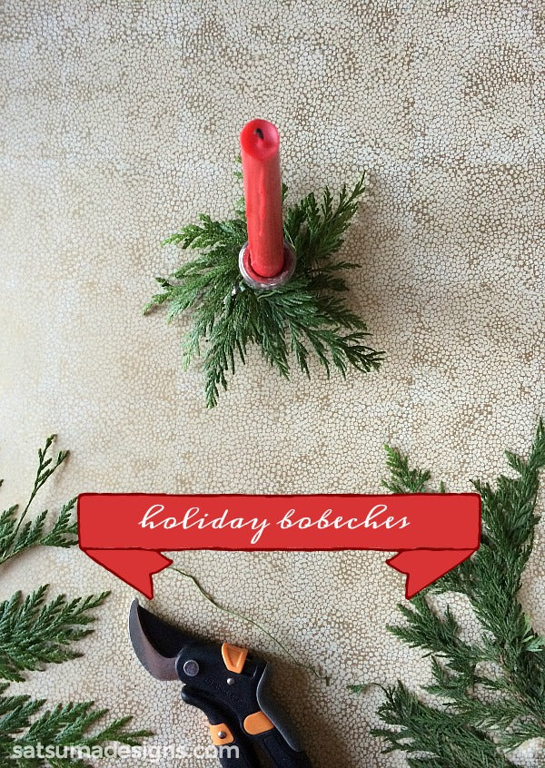 Easy greenery bobeches to make from excess greenery or Christmas trees. Easy and pretty holiday table decor to pair with candles. #bobeches #Christmas #Christmastree #holiday #holidaydecor
