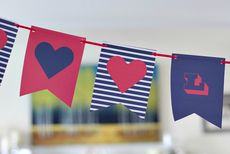 Navy and hot pink valentine banner for decorating. Easy printable in three styles for Valentine's day decor. #valentine #valentinesday #garland #banner #heart #love #printable #papercraft #satsumadesigns