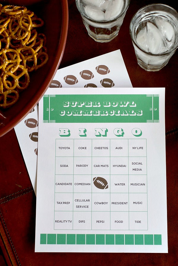 Super Bowl 54 Commercials Bingo Game Printable. Have fun at your Super Bowl party playing bingo with the commercials! Use these 4 versions. #superbowl #superbowl54 #superbowlLIV #bingo #printable #gameday #football #partygames #satsumadesigns