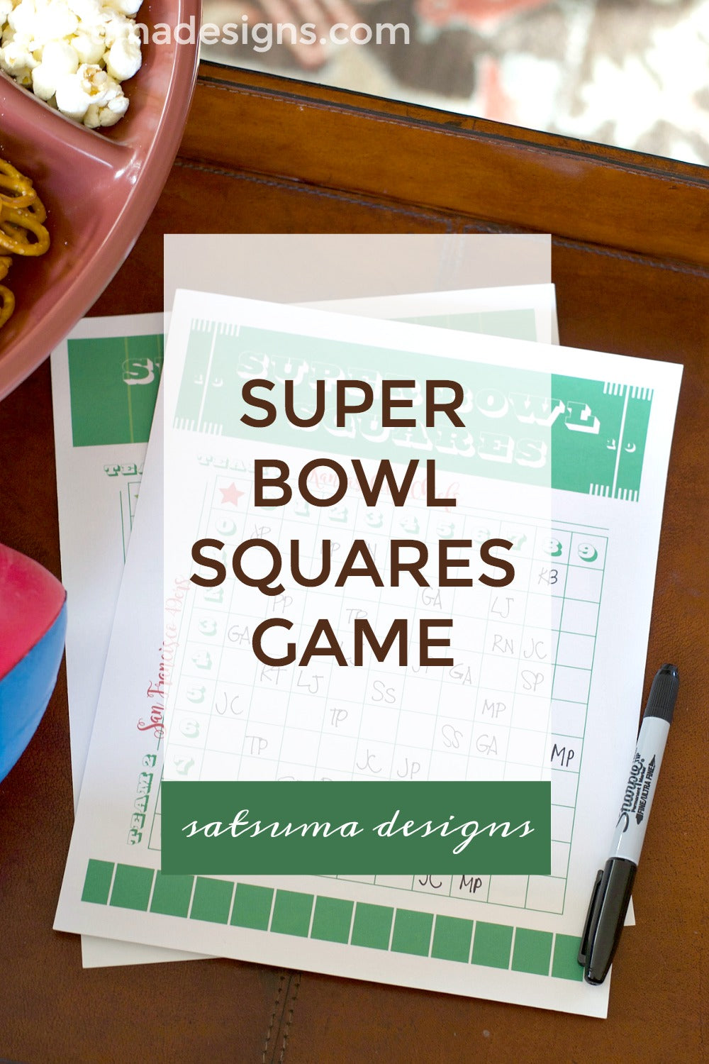 Super bowl squares game printable for your super bowl party. This post has printables for Super Bowl 54 and generic version for any super bowl in the future. Enjoy! #football #footballsquares #printable #superbowl #superbowl54 #gameday #satsumadesigns