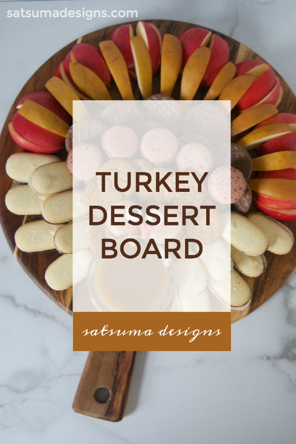 Super easy and tasty Turkey Dessert Board to serve at a Thanksgiving dinner! With crunchy fruit, homemade caramel dipping sauce and favorite store bought cookies there's something for everyone! #Thanksgivingdesserts #dessertboard #glutenfree #dessertrecipes #Thanksgivingdinner 