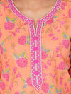 Anora Dark Peach Cotton Floral Allover Print Embroidered Embellished Sequin Work Straight Cut Kurti For Women