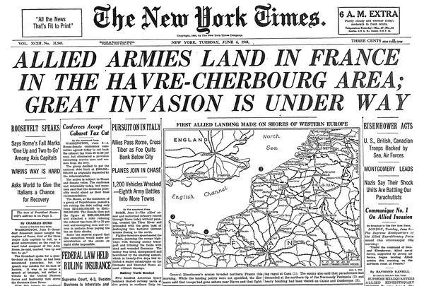 The New York Time Cover, June 6, 1944, D-Day Reporting