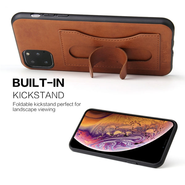 For iPhone 11 Pro Max Fierre Shann Full Coverage Protective Leather Case with Holder & Car...(Brown)