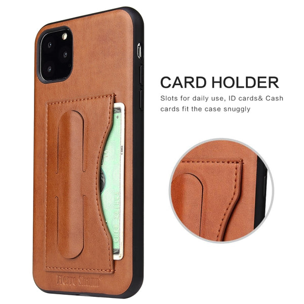 For iPhone 11 Pro Max Fierre Shann Full Coverage Protective Leather Case with Holder & Car...(Brown)