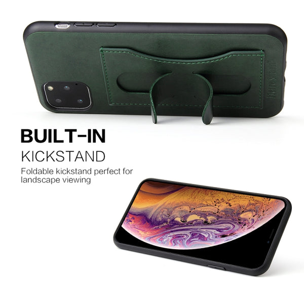 For iPhone 11 Pro Max Fierre Shann Full Coverage Protective Leather Case with Holder & Car...(Green)