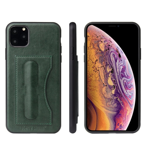 For iPhone 11 Pro Max Fierre Shann Full Coverage Protective Leather Case with Holder & Car...(Green)