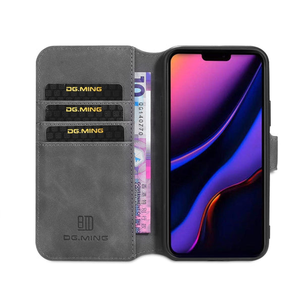 DG.MING Retro Oil Side Horizontal Flip Case with Holder & Card Slots & Wallet for iPhone 11...(Grey)