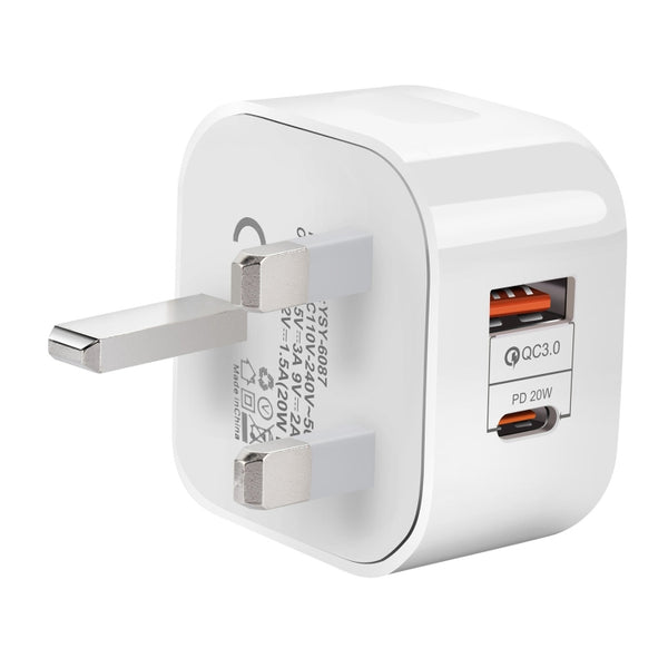 YSY-6087 20W PD QC 3.0 Dual Ports Travel Charger Power Adapter, UK Plug